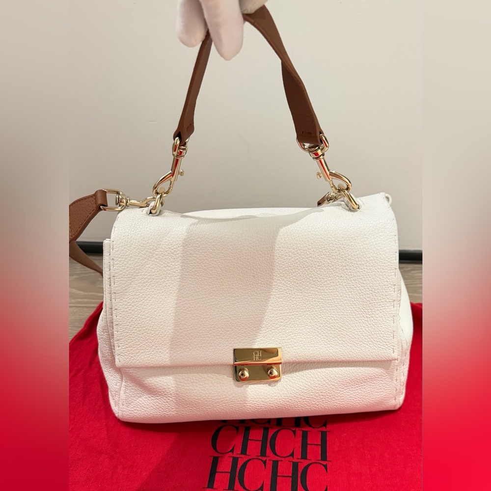 Carolina Herrera White Leather Shoulder Bag with Gold Hardware